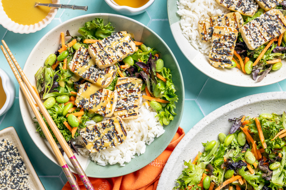 Grilled Honey-Sesame Halloumi Bowls