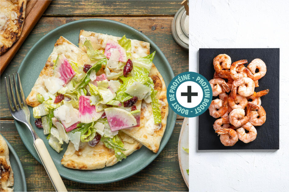 Protein Boost | Quick Cheesy Shrimp & Caesar Flatbreads