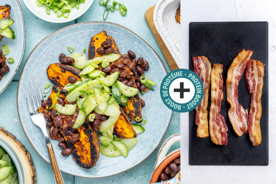 Protein Boost | Loaded Sweet Potatoes with Hot Buffalo Black Beans & Bacon