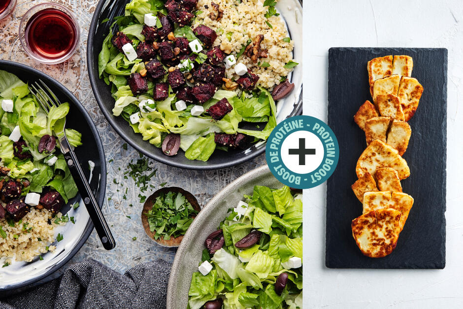 Boost de protéines | Bols grecs de boulgour et betteraves rôties avec halloumi