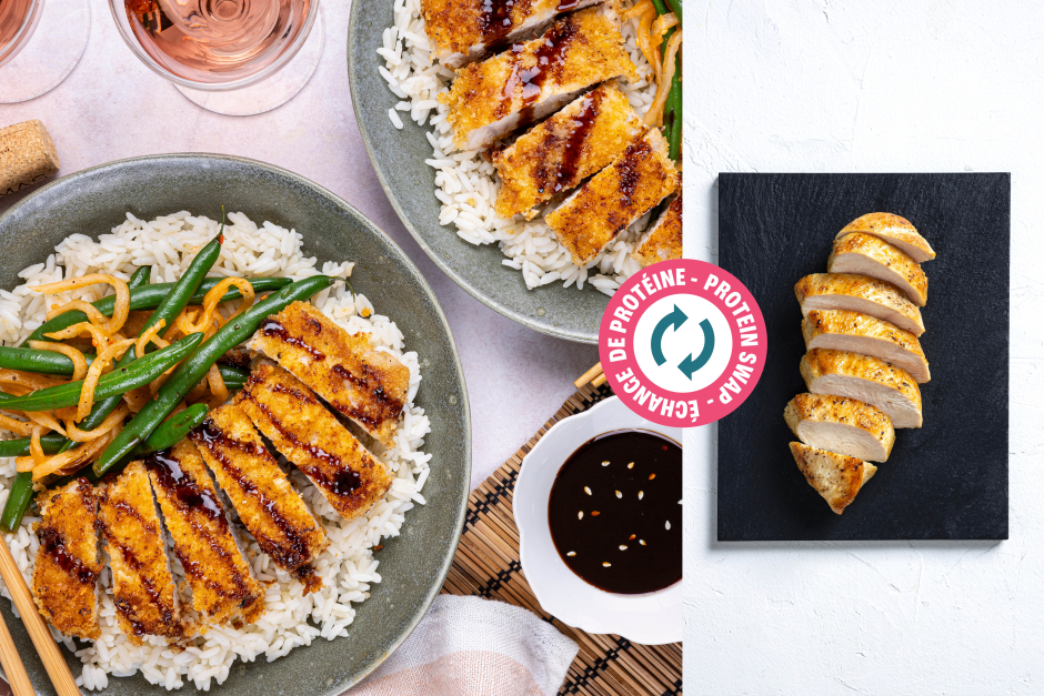 Protein Swap | Crispy Chicken Breasts over White Rice