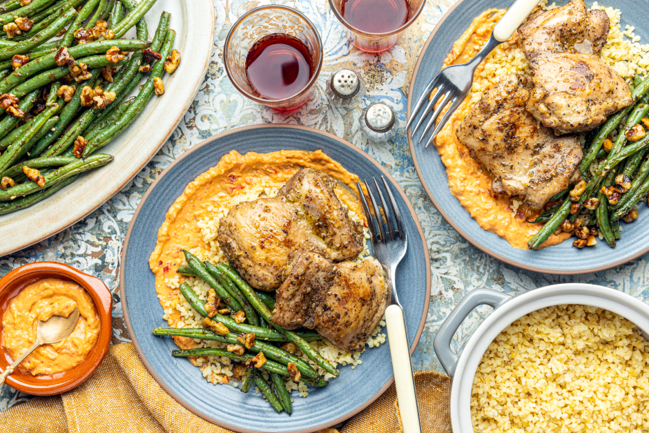 Carb-Wise: Middle Eastern-Style Chicken Thighs & Red Pepper Hummus