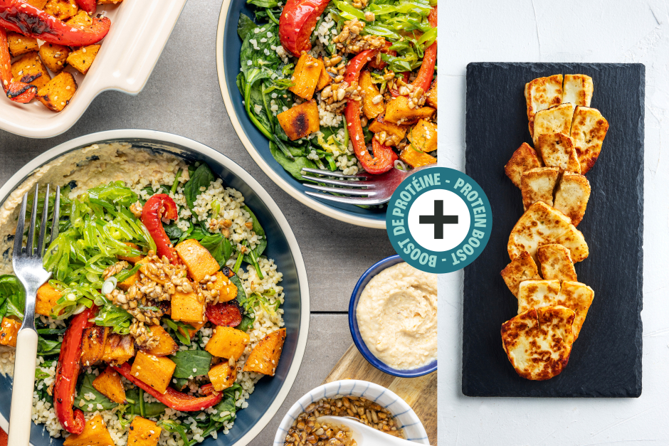 Protein Boost | Seared Halloumi Bulgur Bowls with Roasted Pepper & Sweet Potato