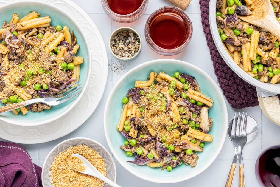 Ground Beef, Radicchio & Green Pea Gemelli