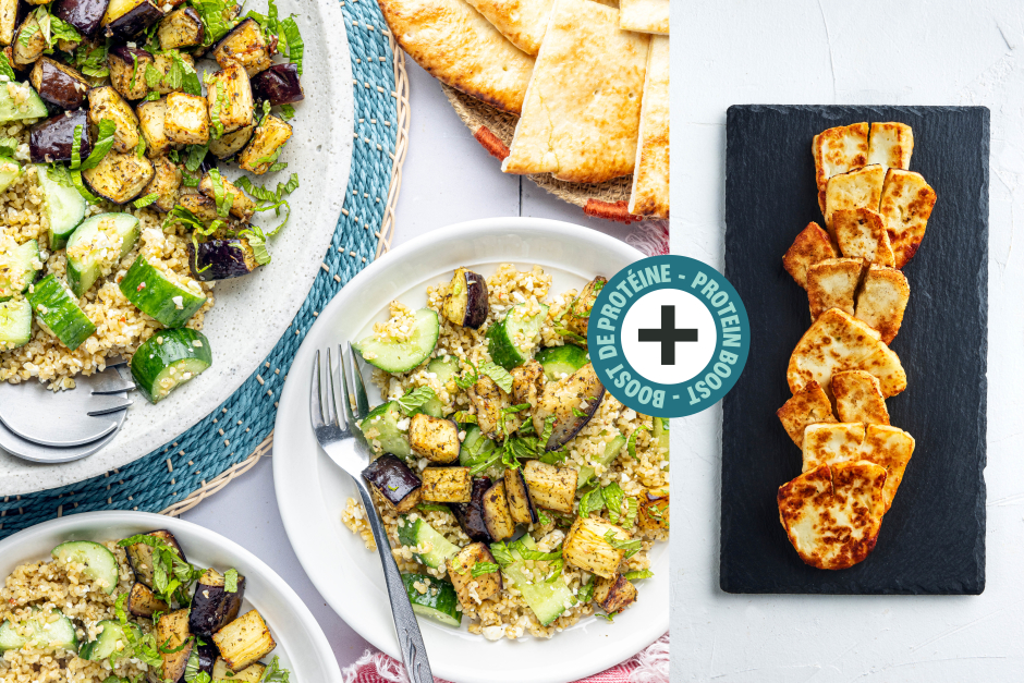 Boost de protéines | Mezzé avec halloumi, aubergines rôties et labneh aux épices