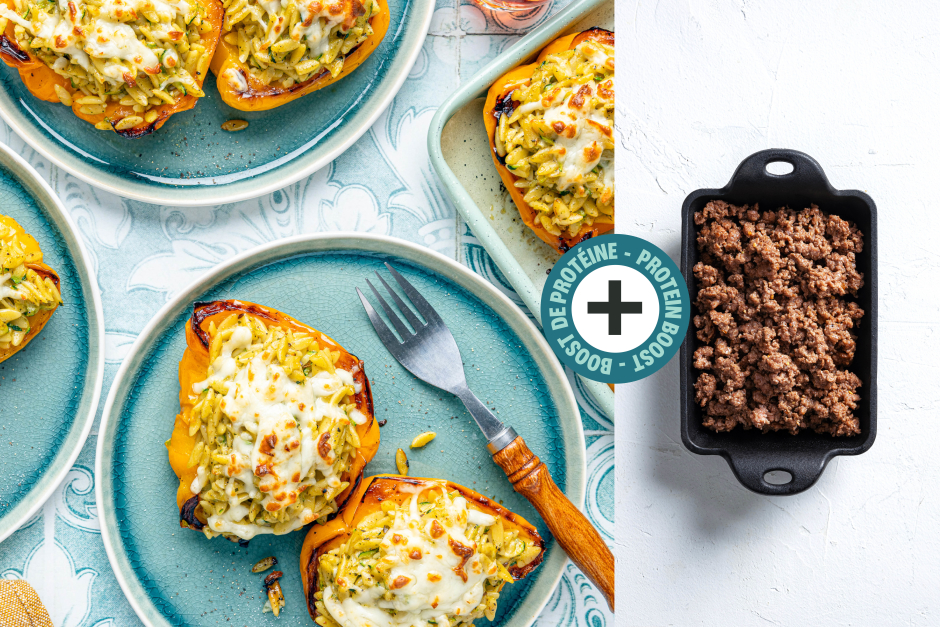 Boost de protéines | Poivrons farcis à l’orzo et bœuf crémeux et fromagé