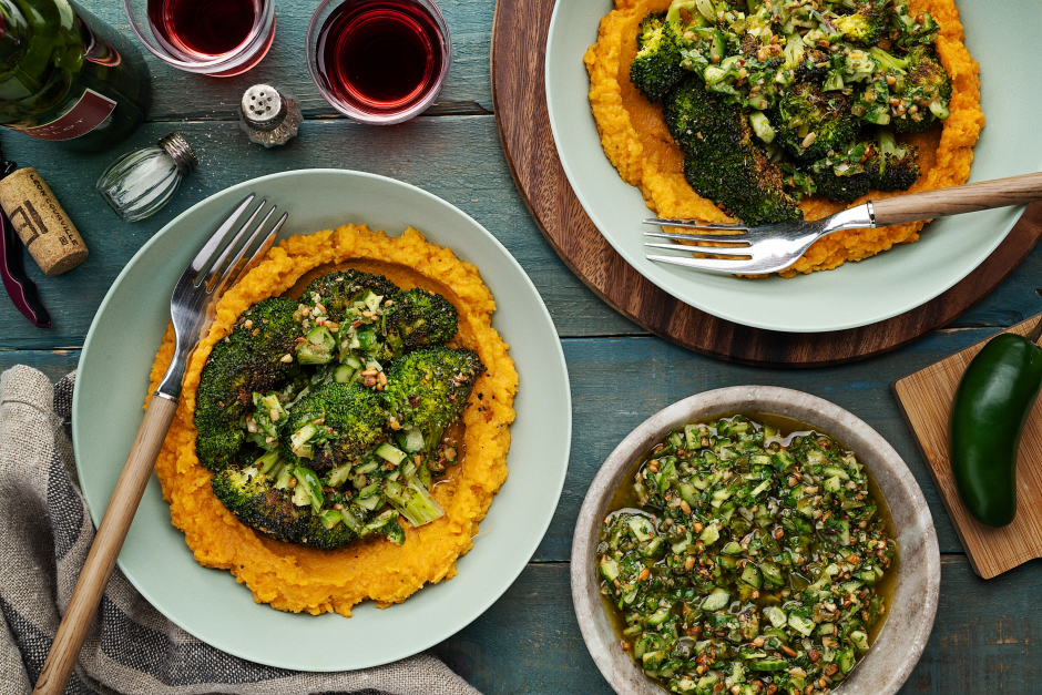 Roasted Broccoli with Spicy Sunflower Seed Chimichurri