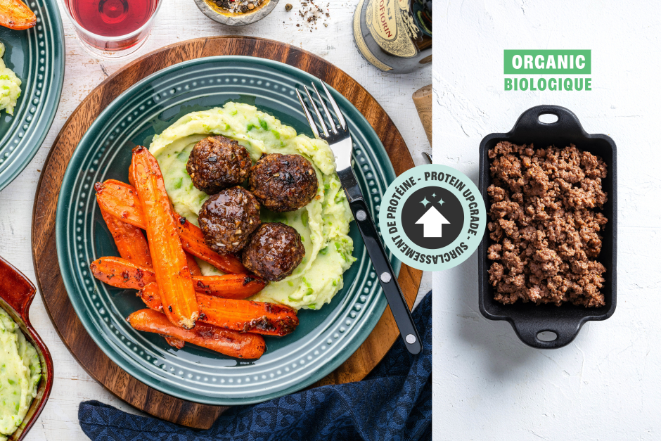 Surclassement de protéine | Boulettes de bœuf BIO rôties style cabane à sucre avec carottes au beurre noisette à l’érable