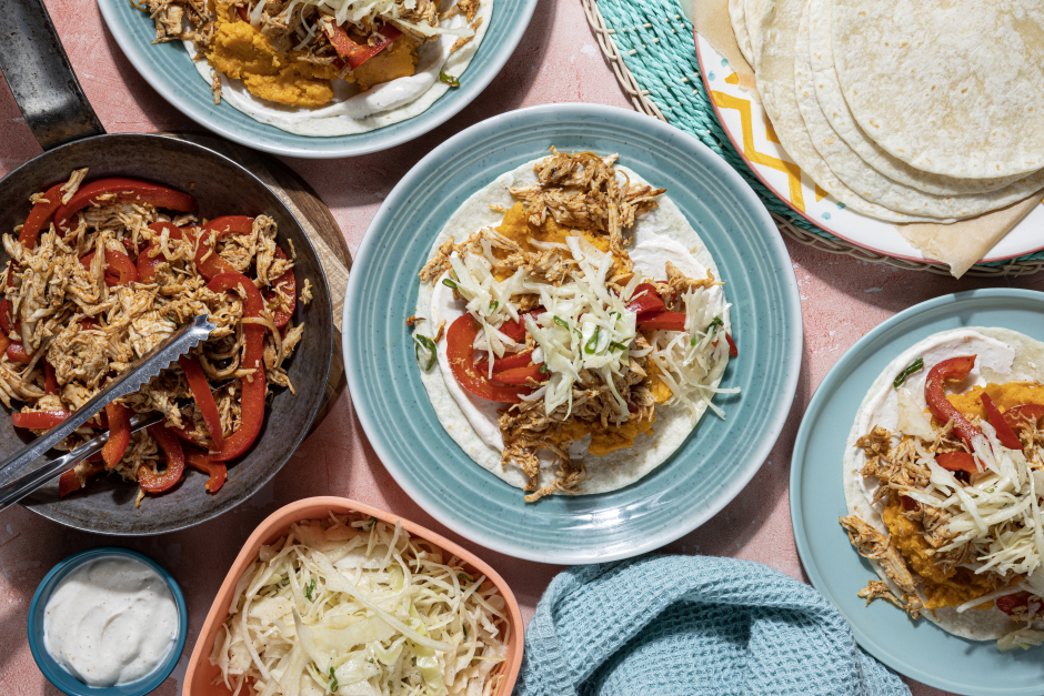 Pulled Chicken, Pepper & Sweet Potato Tacos