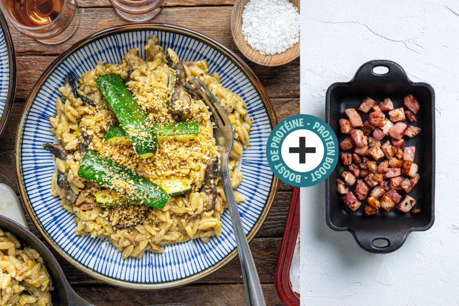 Boost de protéines | Orzotto à la pancetta, champignons portobello, poireaux et emmental