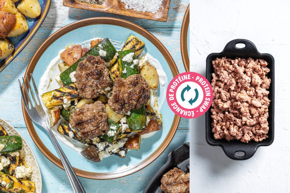 Échange de protéine | Keftedes de porc grillées avec salade de zucchinis et feta