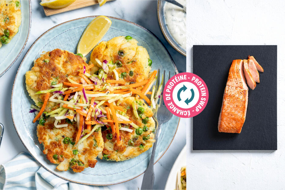 Échange de protéine | Croquettes de saumon et petits pois