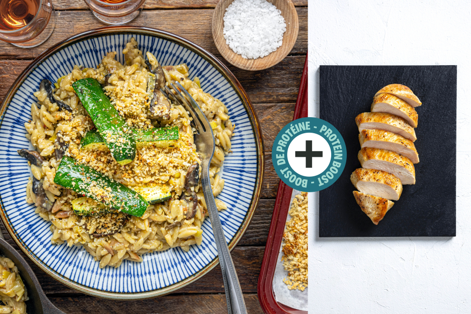 Boost de protéines | Orzotto suisse avec poulet, portobellos, poireaux et emmental