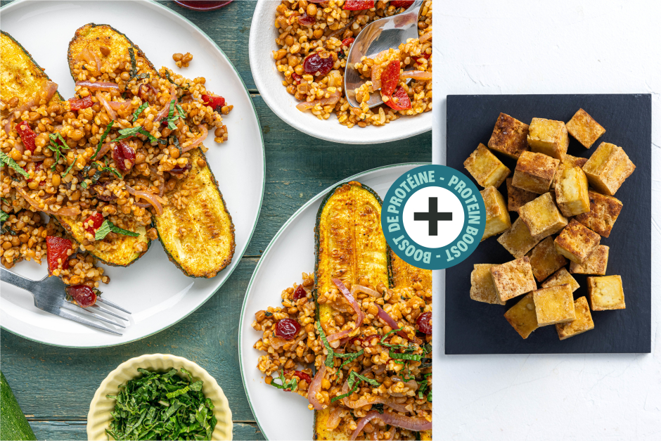 Protein Boost | Berbere-Spiced Tofu, Lentil & Bulgur Topped Zucchini