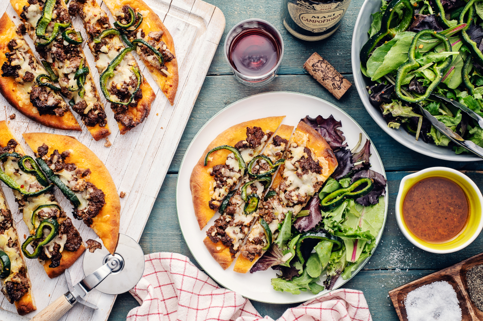 BBQ-Sauced Ground Pork & Poblano Pepper Naan Pizzas