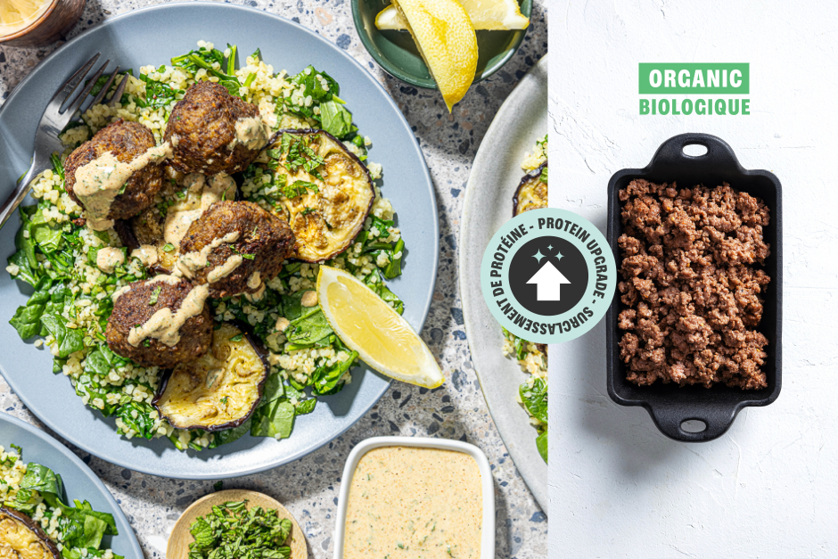 Surclassement de protéine | Mezze de boulettes de bœuf BIO et d'aubergines style Afrique du Nord