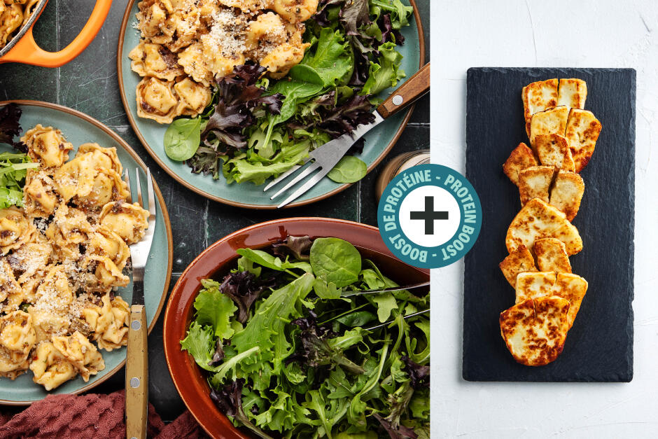 Protein Boost | Spicy Tortellini Puttanesca with Halloumi