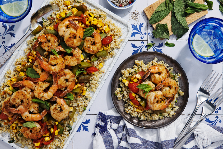 Carb-Wise: Seared Shrimp over Minty Freekeh