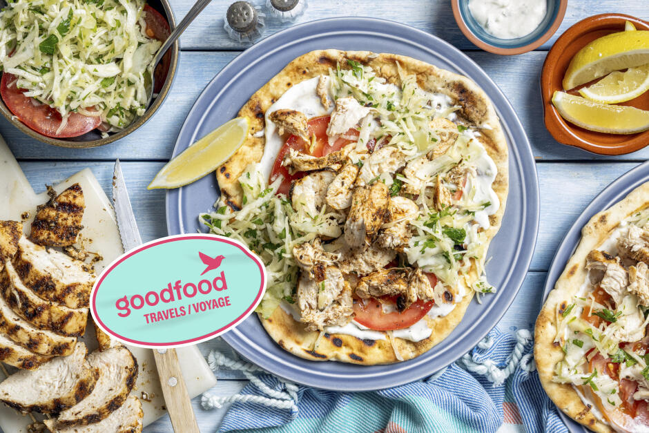 Goodfood voyage : pita souvlaki au poulet grillé de la Grèce
