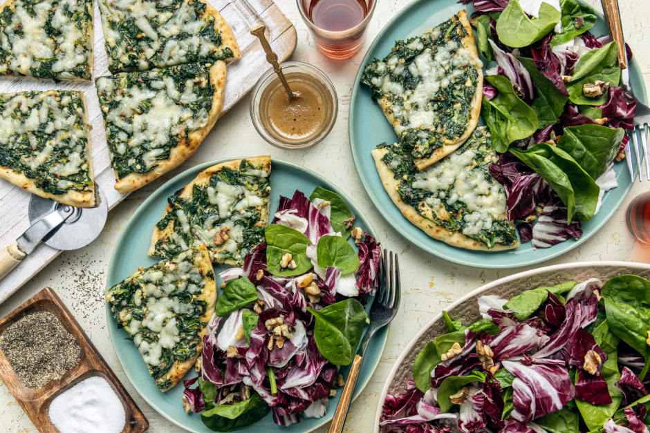 Quick Cheesy Greens Naan Pizzas