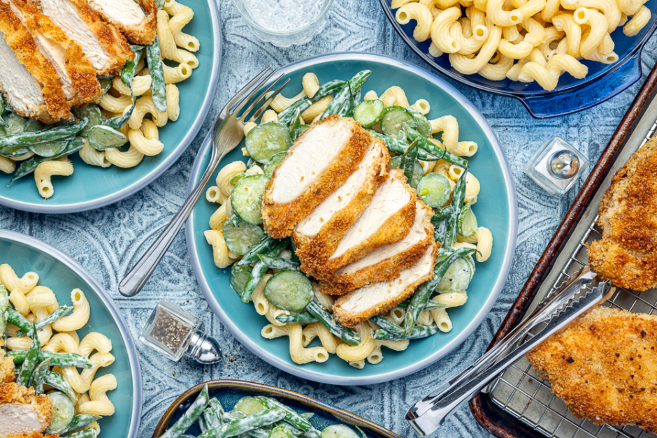 Chicken Schnitzel over Pasta