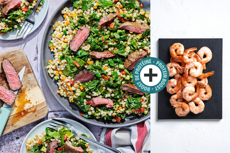 Boost de protéines | Terre et mer grillé sur salade de couscous perlé italien