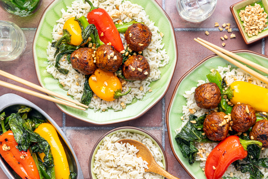 Sweet Soy-Glazed Pork Meatballs & Gai Lan