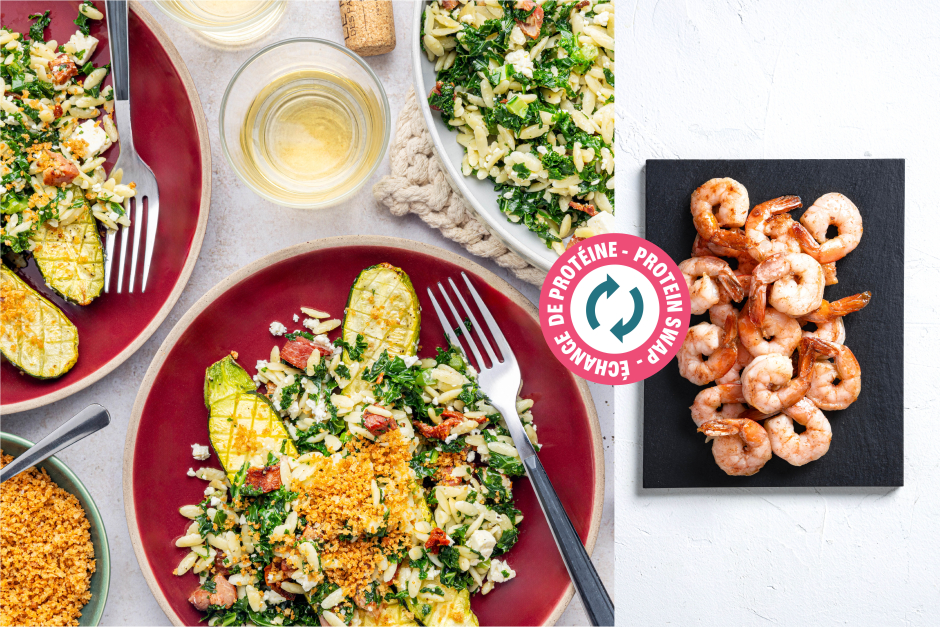Protein Swap | Creamy Shrimp Orzo over Roasted Zucchini