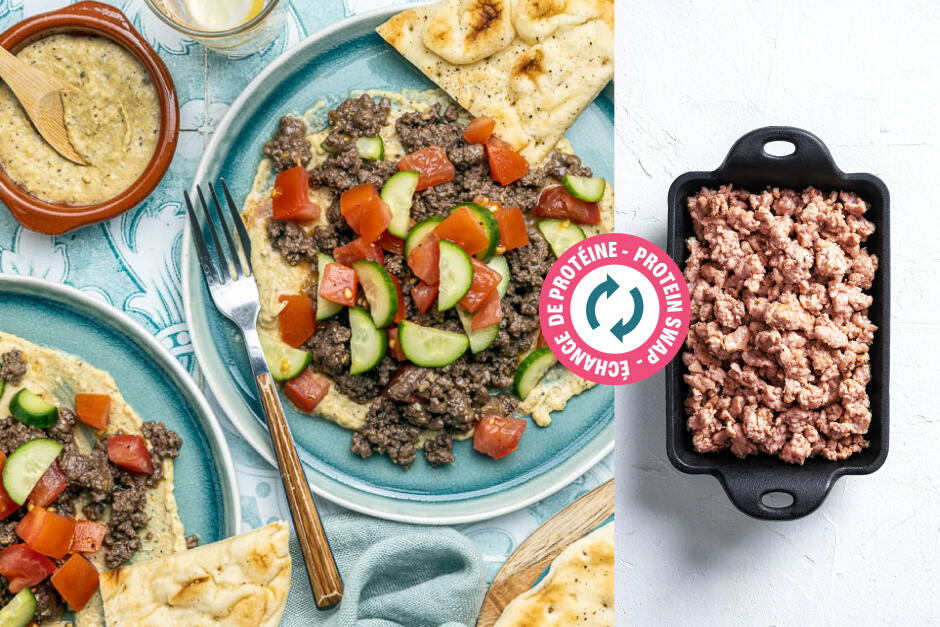 Échange de protéine | Assiettes de hummus et porc au zaatar