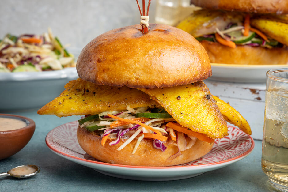 Protein Swap | Turmeric Fish Bánh Mì Burgers