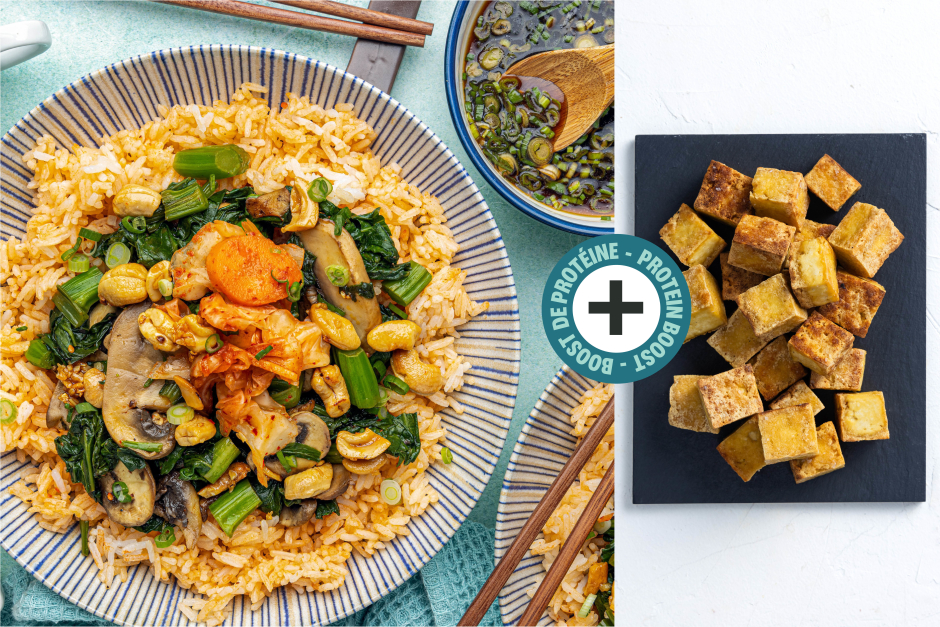 Protein Boost | Quick Tofu, Mushroom, Yu Choy & Kimchi Rice Bowls