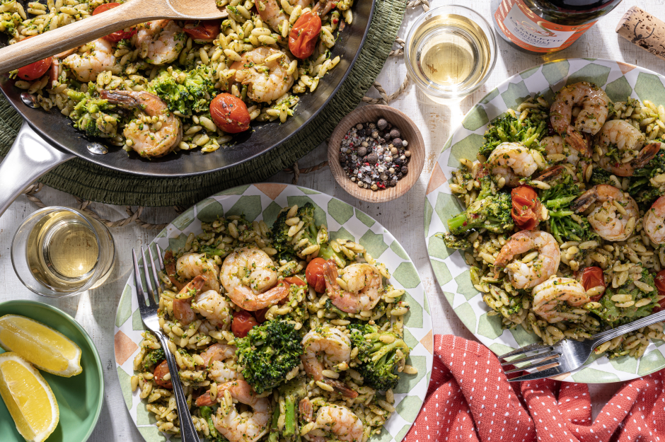Speedy Lemony Shrimp & Basil Pesto Orzo