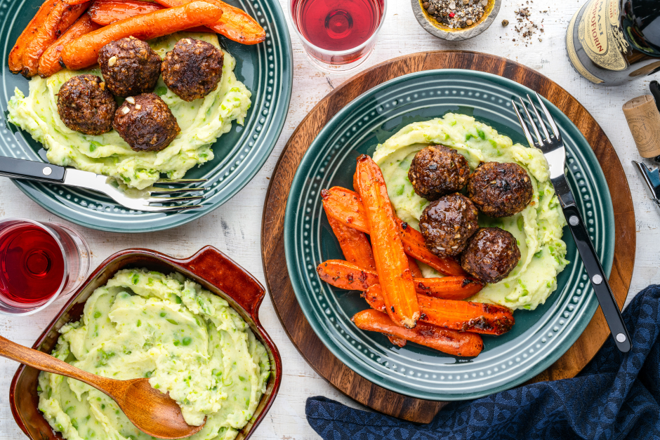 Roasted Beef Meatballs with Maple-Brown Butter Carrots
