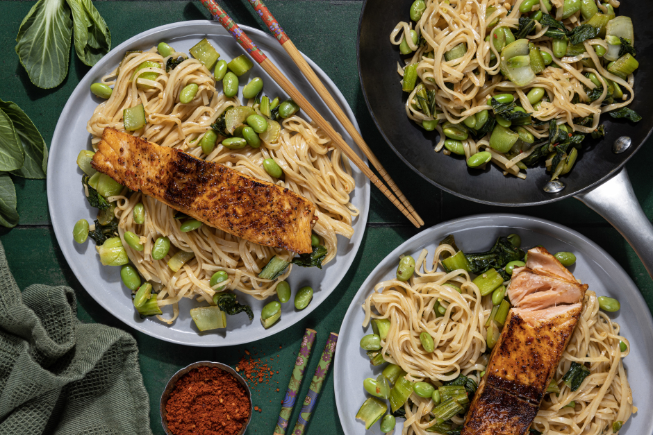 Pan-Fried Salmon over Fresh Noodles