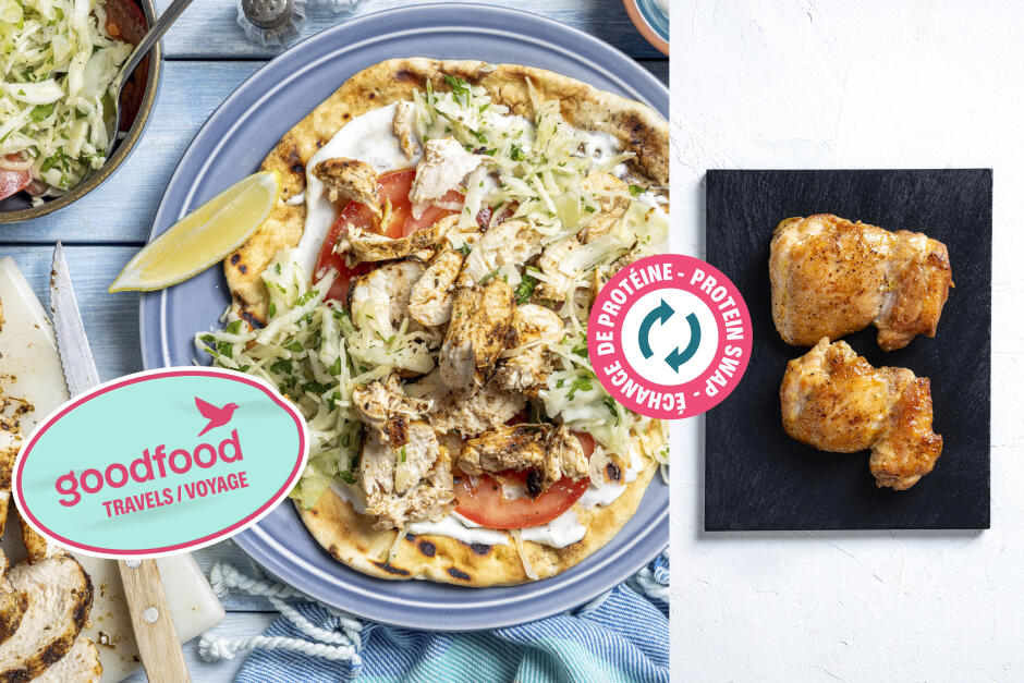 Échange de protéine | Goodfood voyage : pita souvlaki au poulet grillé de la Grèce