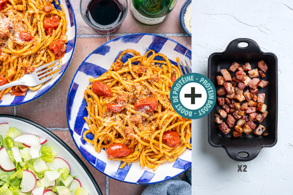 Boost de protéines | Bucatinis all’amatriciana épicée avec pancetta double