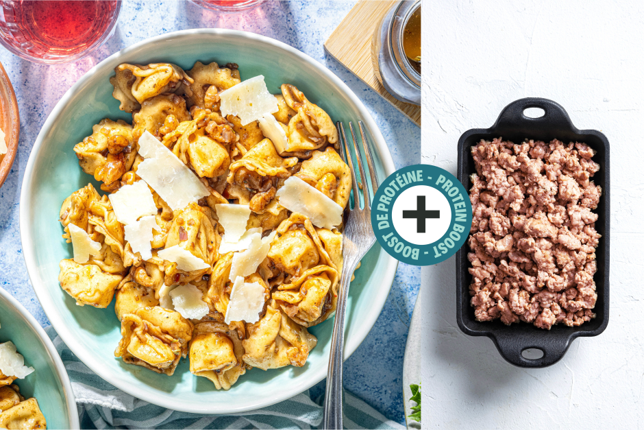 Boost de protéines | Tortellinis au fromage frais et saucisse en sauce balsamique-beurre noisette