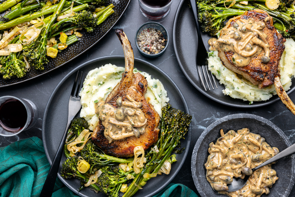 Bone-In Nagano Pork Chops with Shimeji Mushroom-Mascarpone Sauce