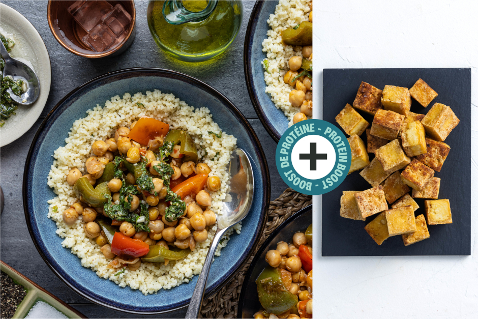 Protein Boost | Dukkah-Spiced Saucy Chickpea Couscous & Tofu Bowls