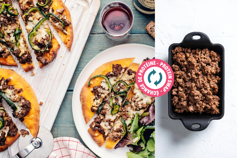 Protein Swap | BBQ-Spiced Ground Beef & Poblano Pepper Naan Pizzas