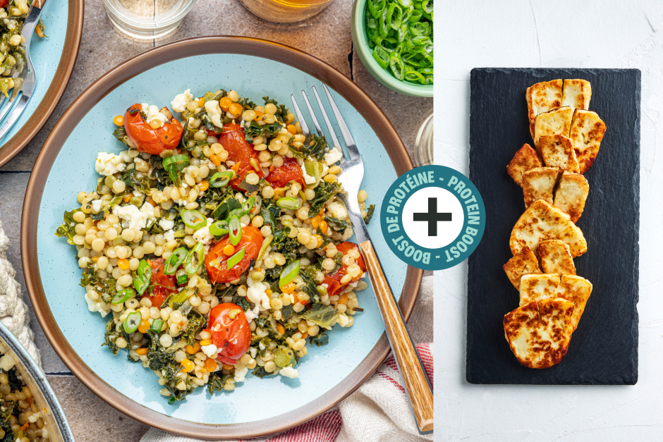 Protein Boost | Halloumi & Feta-Topped Pearl Couscous Skillet