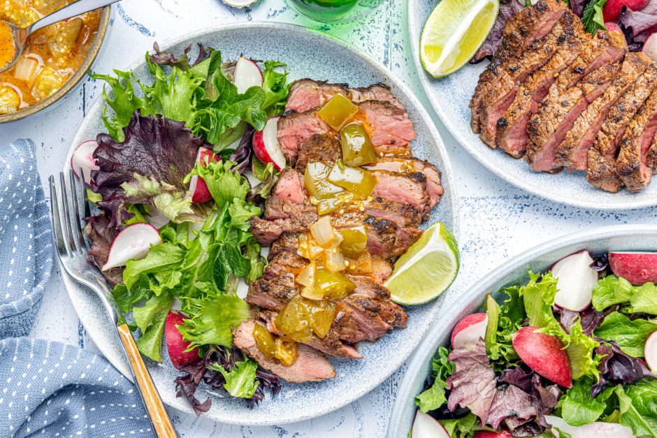 Sliced Steaks & Sautéed Tomatillo Salsa