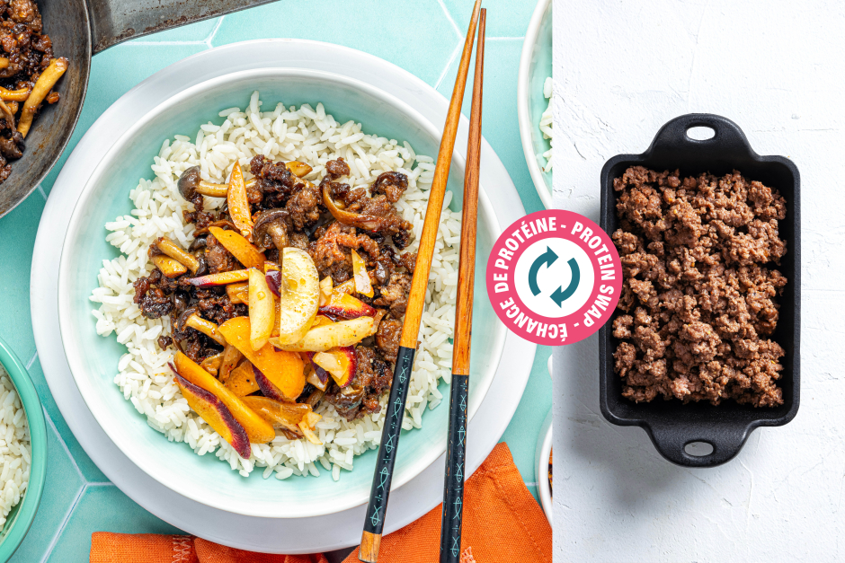 Échange de protéine | Bols de bibimbap au bœuf haché et aux champignons shimejis