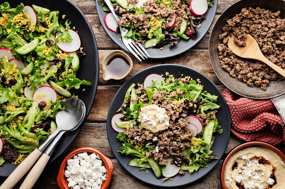 Ground Beef Mezze over Ras El Hanout Bulgur Salad
