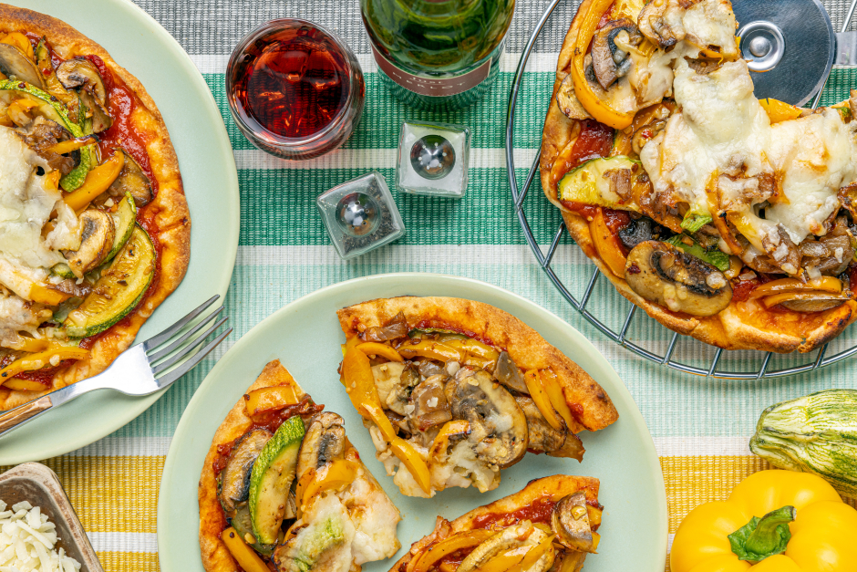 Heirloom Zucchini, Pepper & Mushroom Naan Pizzas