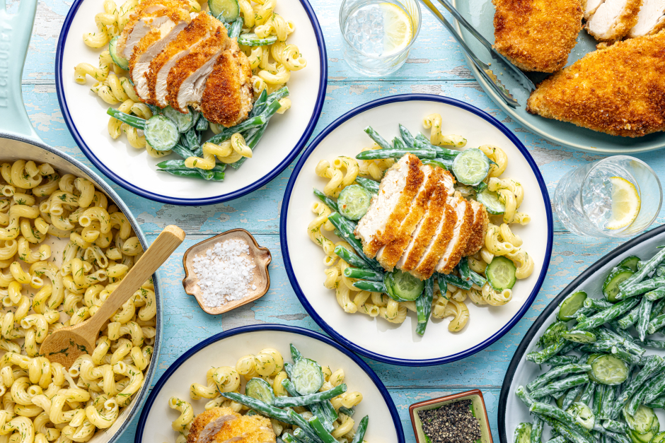 Crispy Chicken Schnitzel over Herbed Pasta