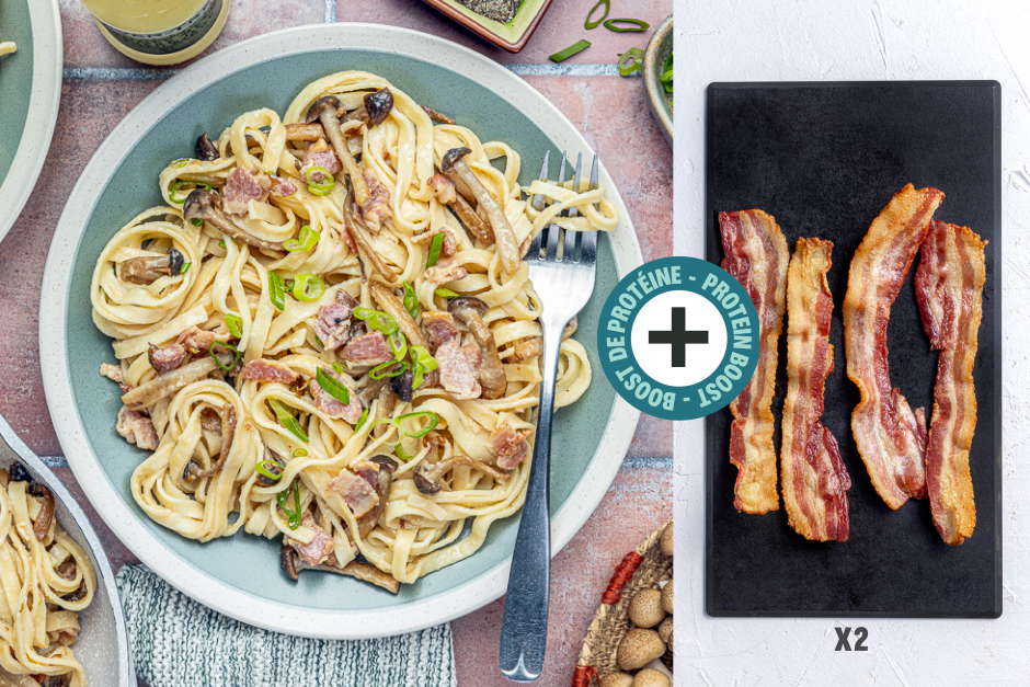 Boost de protéines | Goodfood & Chef: Pâtes carbonara au double bacon et aux shimejis