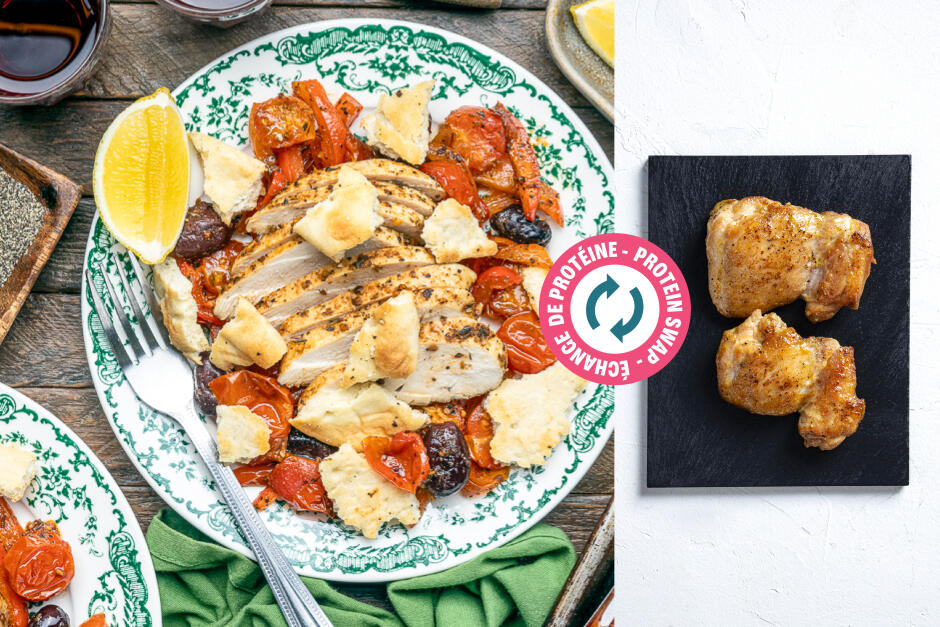 Protein Swap | Greek Salad Chicken Thigh Traybake