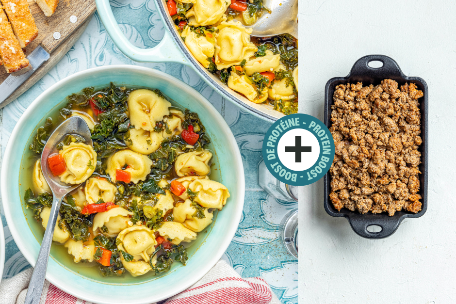 Boost de protéines | Soupe rapido au chorizo, tortellinis frais, kale et poivrons rôtis