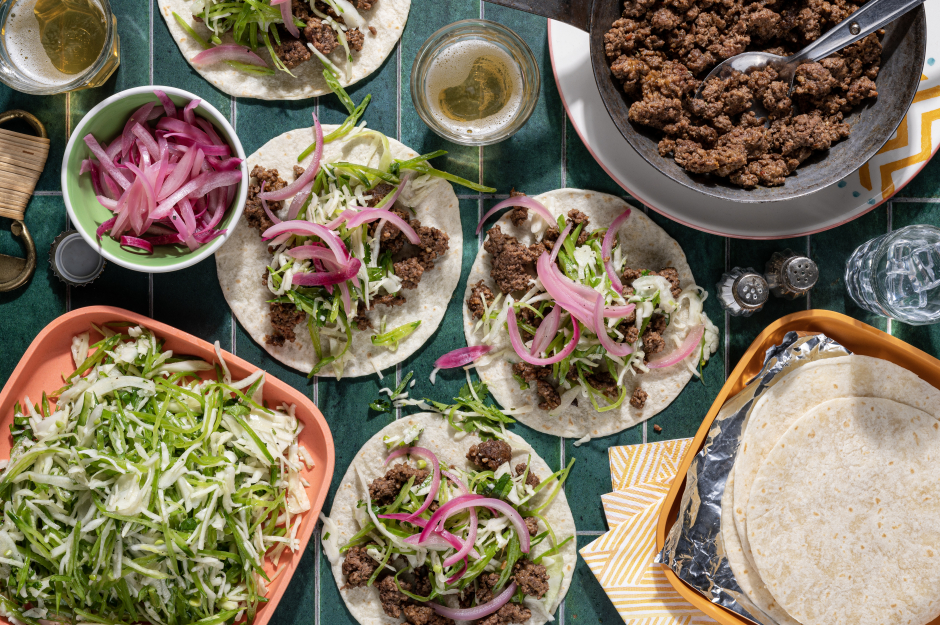 Ground Beef Tacos with Pickled Onions